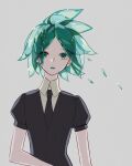  1other androgynous bangs commentary_request crystal_hair eyebrows_visible_through_hair gem_uniform_(houseki_no_kuni) green_eyes green_hair grey_background highres houseki_no_kuni kyarairo looking_at_viewer necktie open_mouth phosphophyllite shards short_hair short_sleeves simple_background solo 