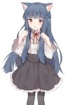  1girl :o animal_ear_fluff animal_ears bangs black_legwear black_skirt blue_hair blunt_bangs blunt_ends braid cat_ears dark_blue_hair eyebrows_visible_through_hair fang feet_out_of_frame french_braid frilled_shirt_collar frilled_sleeves frills hair_over_shoulder hands_up high-waist_skirt high_collar highres idolmaster idolmaster_cinderella_girls jitome kemonomimi_mode light_blush long_hair long_sleeves looking_at_viewer neck_ribbon pantyhose parted_lips paw_pose petticoat pleated_skirt red_eyes red_ribbon ribbon sajo_yukimi shirt shirt_tucked_in shone simple_background skirt solo standing very_long_hair white_background white_shirt wide_sleeves 