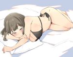  1girl atage bare_arms bare_legs bare_shoulders barefoot bikini black_bikini blush breasts brown_hair closed_mouth eyebrows_visible_through_hair grey_eyes large_breasts legs_together lying on_side original side-tie_bikini smile solo swimsuit 
