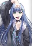  1girl absurdres black_choker black_jacket blue_hair choker earrings eye_piercing eyebrows_visible_through_hair fangs fangs_out green_eyes hair_ornament hairclip highres jacket jewelry long_hair looking_at_viewer open_clothes open_jacket open_mouth original solo sorayan_03 tongue tongue_out white_background 