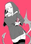  1girl atage copyright_request cowboy_shot demon_girl garter_straps habit hand_up hood hood_up long_sleeves looking_at_viewer nail_polish nun pajamas_challenge pink_background simple_background skindentation smile solo standing tail thigh-highs veil wings 