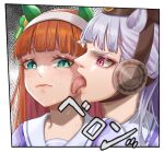  2girls absurdres animal_ears bangom_r commentary gold_ship_(umamusume) green_eyes hairband highres horse_ears horse_girl jojo_no_kimyou_na_bouken licking licking_face multiple_girls orange_hair parody portrait red_eyes silence_suzuka_(umamusume) sound_effects taste_of_a_liar umamusume vento_aureo 