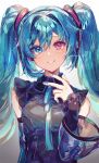  1girl ayatsuki_sugure blue_eyes blue_hair blue_nails blue_neckwear detached_sleeves eyebrows_visible_through_hair hatsune_miku highres long_hair looking_at_viewer red_eyes simple_background smile solo twintails twitter_username two_side_up upper_body vocaloid white_background 