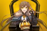  1girl absurdres armchair bangs black_gloves black_jacket black_legwear chair crown crown_removed eyebrows_visible_through_hair fur-trimmed_jacket fur_trim girls_frontline gloves hand_up highres jacket king_(vocaloid) light_brown_hair long_hair looking_at_viewer open_clothes open_jacket open_mouth pantyhose partially_fingerless_gloves scar scar_across_eye shirt side_ponytail smile solo sorayan_03 ump45_(girls&#039;_frontline) white_shirt yellow_background yellow_eyes 