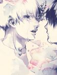 2boys bangs close-up collarbone collared_shirt commentary dual_persona eyebrows_visible_through_hair face highres kaneki_ken koujima_shikasa looking_at_another male_focus multiple_boys open_mouth parted_lips shirt short_hair solo_focus symbol-only_commentary tears teeth tokyo_ghoul 