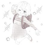  1girl :d ;d absurdres backpack bag bangs blush bow child commentary_request eyebrows_visible_through_hair feet_up greyscale highres kaneki_ichika long_sleeves monochrome one_eye_closed open_mouth shoes short_hair simple_background smile solo sparkle tokyo_ghoul tokyo_ghoul:re toukaairab v white_background 