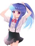  1girl alternate_hairstyle arms_up bangs black_skirt blue_hair blunt_bangs blush bow bowtie bunching_hair commentary cowboy_shot eyebrows_visible_through_hair furude_rika gaou_(babel) hair_tie_in_mouth higurashi_no_naku_koro_ni long_hair looking_at_viewer mouth_hold pink_neckwear pleated_skirt ponytail shirt short_sleeves simple_background skirt solo suspender_skirt suspenders violet_eyes white_background white_shirt 