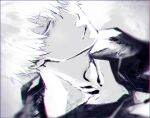  1boy bangs black_jacket blurry blurry_foreground close-up closed_eyes closed_mouth collarbone depth_of_field face facing_viewer gradient gradient_background grey_background hair_over_one_eye jacket kaneki_ken koujima_shikasa male_focus short_hair simple_background solo symbol-only_commentary tokyo_ghoul upper_body white_background white_hair 