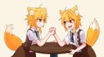  2girls ahoge animal_ear_fluff animal_ears arm_wrestling asymmetrical_hair bangs black_neckwear blonde_hair blush brown_eyes brown_skirt brown_vest collared_shirt commentary_request cookie_(touhou) cowboy_shot dual_persona eyebrows_visible_through_hair fang fox_ears fox_girl fox_tail looking_at_another medium_hair miramikaru_riran multiple_girls necktie open_mouth shirt short_sleeves sidelocks simple_background skirt tail vest wavy_mouth white_shirt yan_pai yellow_background 