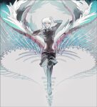  1boy alternate_eye_color arms_up barefoot black_bodysuit black_nails black_pants black_sclera bodysuit bone clothing_cutout colored_sclera commentary feathered_wings glowing glowing_eye gradient gradient_background grey_background highres kagune_(tokyo_ghoul) kaneki_ken koujima_shikasa long_sleeves looking_at_viewer male_focus nail_polish one_eye_covered pants short_hair solo symbol-only_commentary tentacles toenail_polish toenails tokyo_ghoul white_eyes white_hair wings 