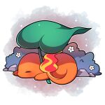  absurdres artist_name blush charmander closed_eyes fire flame flower from_side highres lying on_stomach outline pink_background pokemon pokemon_(creature) sevi_(seviyummy) sleeping sparkle watermark white_background white_flower white_outline 