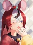  1girl :o absurdres alternate_hairstyle animal_ear_fluff animal_ears bangs black_hair blue_eyes collar eyebrows_visible_through_hair hakos_baelz highres hololive hololive_english long_hair mouse_ears mouse_girl mouse_on_head mr._squeaks_(hakos_baelz) multicolored_hair open_mouth redhead s_panda_k solo spiked_collar spikes streaked_hair virtual_youtuber white_hair yawning 