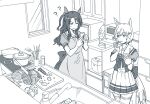  2girls ? ?? animal_ears apron bow carrot cellphone chopsticks cutting_board ear_covers eating greyscale holding holding_phone horse_ears horse_girl horse_tail indoors king_halo_(umamusume) kitchen knife lettuce long_hair microwave monochrome multiple_girls omaep one_side_up phone pot puffy_short_sleeves puffy_sleeves school_uniform seiun_sky_(umamusume) short_hair short_sleeves sink skirt smartphone spatula stove sweatdrop tail tail_raised thigh-highs tracen_school_uniform umamusume window wok 