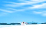  breath bright_pupils clouds commentary_request day from_side highres hisuian_zorua looking_up neko_gokoro no_humans outdoors pokemon pokemon_(creature) red_eyes sky snow solo standing white_pupils 