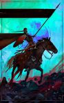  1boy animal blood cape commentary dominik_mayer english_commentary fantasy flower gradient gradient_background green_background helm helmet highres holding holding_shield horse original red_cape riding shield signature sitting sword weapon white_flower 