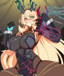  1girl absurdres armor bangs bare_shoulders black_dress black_gloves blonde_hair breasts brown_legwear chain clenched_teeth covered_navel cuffs dress elbow_gloves fairy_knight_gawain_(fate) fate/grand_order fate_(series) gloves green_eyes heterochromia highres horns hyperbudd large_breasts long_hair pantyhose pauldrons pelvic_curtain red_eyes shoulder_armor single_pauldron teeth thighs 