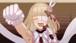  1girl bangs blonde_hair blunt_bangs bow by_(an_by) closed_eyes earrings eyepatch flower gloves hair_ornament highres indie_virtual_youtuber jewelry medical_eyepatch medium_hair open_mouth rose second-party_source shio_tatsumi solo sweat sweatdrop virtual_youtuber white_gloves 