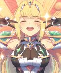  1girl bangs blonde_hair breasts cat_with_a_brush chest_jewel dress earrings elbow_gloves gloves jewelry large_breasts long_hair mythra_(xenoblade) short_dress solo swept_bangs tiara very_long_hair white_dress white_gloves xenoblade_chronicles_(series) xenoblade_chronicles_2 
