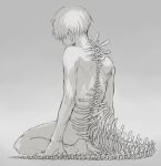  1boy bangs barefoot bone commentary_request completely_nude from_behind gradient gradient_background grey_background greyscale kaneki_ken koujima_shikasa monochrome nude short_hair sitting solo spine tokyo_ghoul wariza 