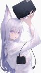  1girl animal_ears cat_ears controller from_side game_controller grey_hair hair_between_eyes hand_up highres long_sleeves looking_at_viewer looking_to_the_side original parted_lips pose shirt simple_background slit_pupils solo tourbox violet_eyes white_background white_shirt whitem_(whiteemperor2020) 