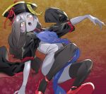  1girl atage black_headwear black_legwear blush colored_skin copyright_request gradient gradient_background grey_hair grey_skin hair_between_eyes hat jiangshi looking_at_viewer navel ofuda open_mouth pelvic_curtain red_footwear red_ribbon ribbon shoes solo thigh-highs wide-eyed yellow_eyes 