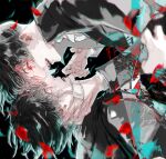  2boys bangs black_background black_hair black_jacket commentary_request dual_persona eye_contact face-to-face from_side highres jacket kaneki_ken koujima_shikasa long_sleeves looking_at_another male_focus multiple_boys open_mouth petals red_eyes shirt short_hair teeth tokyo_ghoul upper_body white_eyepatch white_shirt 
