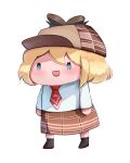  1girl :d bangs black_footwear blonde_hair blue_eyes brown_headwear brown_skirt checkered checkered_skirt chibi commentary deerstalker detective english_commentary fian_f.n hat hololive hololive_english long_sleeves necktie open_mouth red_neckwear shirt skirt smile solo transparent_background virtual_youtuber watson_amelia white_shirt 