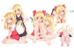  3girls alternate_hairstyle apron ascot bangs barefoot bat_wings black_skirt black_vest blonde_hair blush bow braid cowering crystal dress flandre_scarlet hair_between_eyes hair_bow hat iroha_(pcrx7327) kirisame_marisa medium_hair mob_cap multiple_girls multiple_views one_eye_closed pink_dress red_eyes red_neckwear red_skirt red_vest remilia_scarlet shirt short_sleeves side_braid sidelocks simple_background skirt skirt_set sparkle touhou twintails tying_hair uu~ vest waist_apron white_background white_shirt wings yellow_eyes yellow_neckwear 