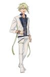  1boy :d alternate_costume amami_rantarou bangs belt collarbone commentary_request danganronpa_(series) danganronpa_v3:_killing_harmony ear_piercing full_body green_eyes green_hair hair_between_eyes highres jacket jewelry leonham_(ila_55555) long_sleeves looking_at_viewer male_focus necklace open_clothes open_jacket open_mouth pants piercing ring shirt short_hair simple_background smile solo standing striped striped_shirt upper_teeth v white_background white_footwear white_jacket white_pants 