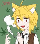  1girl :d animal_ears asymmetrical_hair bangs black_neckwear blonde_hair brown_vest collared_shirt commentary_request constricted_pupils cookie_(touhou) drugs eyebrows_visible_through_hair fox_ears fox_girl green_background hair_between_eyes joint_(drug) marijuana medium_hair miramikaru_riran necktie open_mouth red_eyes shirt sidelocks simple_background smile smoking solo translation_request trembling upper_body vest white_shirt yan_pai 