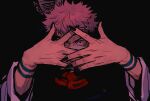  2boys black_background black_eyes black_jacket black_nails constricted_pupils extra_eyes fingernails grmms_otk hands_up hood hoodie itadori_yuuji jacket jujutsu_kaisen looking_at_viewer male_focus multiple_boys pink_hair red_eyes red_hoodie ryoumen_sukuna sharp_fingernails short_hair simple_background tattoo upper_body wide_sleeves 