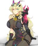  1girl armor bangs bare_shoulders black_dress black_gloves blonde_hair breasts brown_legwear chain dress earrings elbow_gloves fairy_knight_gawain_(fate) fate/grand_order fate_(series) gauntlets gloves green_eyes heterochromia highres horns jewelry large_breasts long_hair looking_at_viewer meribe necklace pantyhose pauldrons pelvic_curtain red_eyes shoulder_armor sideboob single_gauntlet single_pauldron sitting solo thighs 