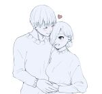  1boy 1girl :d absurdres bangs blush breasts commentary_request facial_mark hair_bun hair_over_one_eye heart hetero highres holding_hands kaneki_ken kirishima_touka long_sleeves medium_breasts monochrome open_mouth short_hair simple_background smile sweater tokyo_ghoul toukaairab upper_teeth white_background 