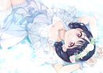  1girl absurdres angel_wings bangs black_hair blue_ribbon commentary_request dress flower flower_wreath fukumaru_koito hair_flower hair_ornament highres idolmaster idolmaster_shiny_colors jewelry looking_at_viewer lying medium_hair monon_tulle necklace on_back ribbon smile solo swept_bangs twintails violet_eyes white_dress wings wrist_cuffs 
