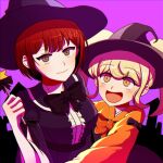  2girls absurdres bangs black_bow black_neckwear blonde_hair blush bow brown_eyes brown_hair center_frills danganronpa_(series) danganronpa_2:_goodbye_despair eyebrows_visible_through_hair freckles frills halloween hand_up hat highres japanese_clothes kimono koizumi_mahiru long_hair long_sleeves looking_at_viewer multiple_girls open_mouth orange_bow orange_kimono pink_background redhead saionji_hiyoko shiny shiny_hair short_hair smile tansug_(tansuk88) witch_hat 