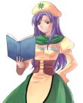  1girl atelier_(series) blue_hair book chemist_(final_fantasy) commentary faris_scherwiz final_fantasy final_fantasy_v green_eyes hand_on_hip hat holding holding_book long_hair open_mouth parody purple_hair reading simple_background solo sweatdrop udon_(memai_no_kabe) white_background 