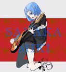  1girl :d alternate_costume bass_guitar black_jacket black_shirt blue_eyes blue_hair character_name commentary electric_guitar english_text eyebrows_visible_through_hair guitar hair_ornament hairclip holding holding_instrument instrument jacket kneeling looking_down mahou_shoujo_madoka_magica medium_hair miki_sayaka nidiezhenxing open_mouth partially_colored red_background shirt shoes short_sleeves shorts smile sneakers solo t-shirt two-tone_background white_background 