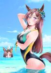  2girls absurdres air_groove_(umamusume) animal_ears animal_on_head bird bird_on_head blue_sky breasts brown_hair clouds commentary_request competition_swimsuit day ear_bow highres horizon horse_ears horse_girl horse_tail long_hair looking_at_viewer medium_breasts mejiro_dober_(umamusume) miki_lutecia multiple_girls ocean on_head one-piece_swimsuit outdoors seagull sky soaking_feet solo_focus swimsuit tail twitter_username umamusume violet_eyes water 