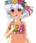  1girl bangs bare_shoulders bikini blush breasts collarbone fate/grand_order fate_(series) flower_wreath green_bikini hair_ribbon head_wreath highres kama_(fate) kama_(swimsuit_avenger)_(fate) looking_at_viewer moai_on navel open_mouth red_eyes ribbon short_hair silver_hair small_breasts solo swimsuit 