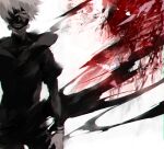  1boy bangs black_eyepatch black_pants black_shirt closed_eyes cowboy_shot eyepatch facing_viewer grey_hair kaneki_ken koujima_shikasa layered_sleeves long_sleeves male_focus mask pants red_background shirt short_hair short_over_long_sleeves short_sleeves simple_background solo teeth_print tokyo_ghoul white_background 