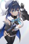 1girl absurdres blue_cape blue_eyes blue_hair breasts cape closed_mouth commentary earrings english_commentary head_chain highres hololive hololive_english jewelry large_breasts looking_to_the_side looking_up megu_(pixiv9460065) ouro_kronii ribbon_earrings smile virtual_youtuber 