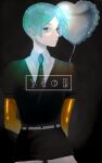  1other androgynous balloon bangs belt black_background commentary_request copyright_request crystal_hair franc_1031 gem_uniform_(houseki_no_kuni) golden_arms green_eyes green_hair highres houseki_no_kuni looking_at_viewer necktie phosphophyllite short_hair short_sleeves shorts simple_background solo 
