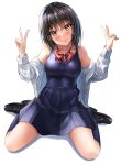  1girl bangs bare_shoulders black_hair blue_legwear blue_skirt blue_swimsuit blush bow bowtie breasts brown_eyes double_v dress_shirt hands_up head_tilt high-waist_skirt highres kneehighs light_smile loafers looking_at_viewer medium_breasts off_shoulder one-piece_swimsuit open_clothes open_shirt original pleated_skirt red_neckwear ribbed_legwear school_swimsuit school_uniform shirt shoes simple_background sitting skirt solo spread_legs striped striped_neckwear swimsuit swimsuit_under_clothes taut_clothes taut_swimsuit v wariza white_shirt yukemuriganmo 