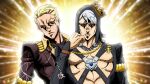  2boys araki_hirohiko_(style) black_jacket black_sclera blonde_hair blue_eyes brown_jacket closed_mouth colored_sclera commentary crown emphasis_lines english_commentary gem grandguerrilla grey_hair hair_ornament hairclip hood hood_up jacket jojo_no_kimyou_na_bouken long_sleeves looking_at_viewer multiple_boys official_style pink_eyes prosciutto risotto_nero ruby_(gemstone) vento_aureo 