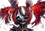  1girl absurdres animal_ears bangs black_hair black_sclera blood blue_eyes collar colored_sclera cosplay dice_hair_ornament hair_ornament hakos_baelz highres hololive hololive_english kaneki_ken kaneki_ken_(cosplay) liquid_hair mask mouse_ears mouse_girl multicolored_hair one_eye_covered portrait redhead s_panda_k solo spiked_collar spikes streaked_hair virtual_youtuber white_hair 