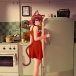  1girl 2ch.ru absurdres animal_ear_fluff animal_ears apple bangs bare_arms bare_shoulders blush braid brown_eyes brown_hair cat_ears cat_girl cat_tail clock clothes_pin commentary cup cutting_board dress english_commentary food fruit grater hair_between_eyes highres indoors kitchen ladle long_hair mug pot red_dress refrigerator side_braid sleeveless sleeveless_dress smile solo stove tail tail_through_clothes uvao-tan wall_clock wlper 