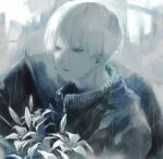  1boy bangs black_shirt closed_mouth commentary_request flower grey_background grey_flower half-closed_eyes holding holding_flower kaneki_ken koujima_shikasa male_focus multicolored multicolored_background pale_skin rain shirt short_hair solo tokyo_ghoul upper_body wet zipper_pull_tab 