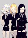  3others :d androgynous bangs belt black_eyes black_gloves black_hair black_legwear black_neckwear blonde_hair bort collar commentary crossed_arms diamond_(houseki_no_kuni) elbow_gloves frown gem_uniform_(houseki_no_kuni) gloves grey_legwear hair_between_eyes highres holding_hands houseki_no_kuni kuzudon long_hair looking_at_viewer multicolored multicolored_eyes multicolored_hair multiple_others necktie open_mouth pale_skin parted_bangs parted_lips rainbow_hair shirt short_hair short_sleeves shorts silver_hair simple_background smile standing symbol-only_commentary thigh-highs very_long_hair white_background white_belt white_eyes white_gloves white_legwear white_shirt yellow_diamond_(houseki_no_kuni) yellow_eyes 