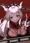  1girl absurdres alcohol bangs black_neckwear blunt_bangs breasts collared_shirt cup demon demon_girl demon_horns drinking_glass eyebrows_visible_through_hair gloves helltaker highres holding holding_cup horns jacket large_breasts long_hair lucifer_(helltaker) mole mole_under_eye necktie red_background red_eyes red_shirt shiny shiny_hair shirt sign smile solo symbol-only_commentary upper_body warning_sign wine wine_glass wny 