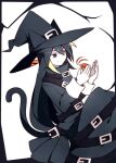  animal animal_ears animal_hat aww_(pixiv4034890) belt black_belt black_border black_dress black_eyes black_hair border cat_ears cat_hat cat_tail chlomaki dress extra_eyes hair_between_eyes hat hat_with_ears holding holding_animal long_hair long_sleeves oounabara_to_wadanohara shrimp simple_background smile tail white_background witch witch_hat yellow_eyes 